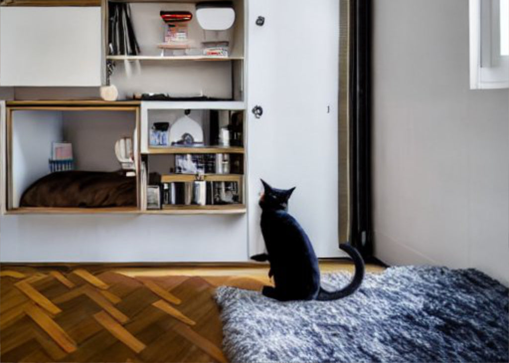 AIが作った猫の暮らす極小アパートメント。ミッドセンチュリーモダン調のインテリア。
